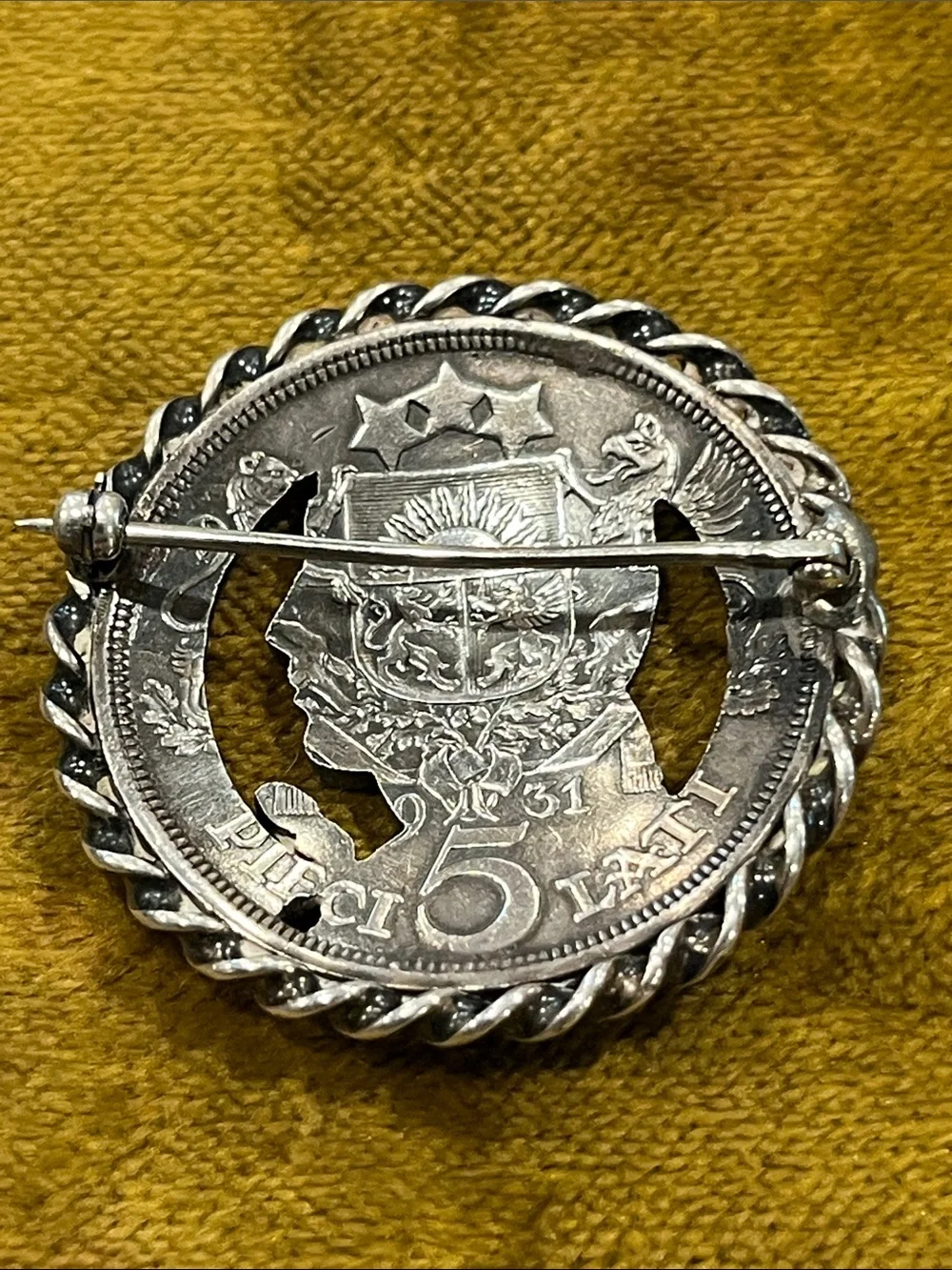 Vintage Sterling Silver 1931 Latvia 5 Lati Coin Brooch Pin | Handcrafted